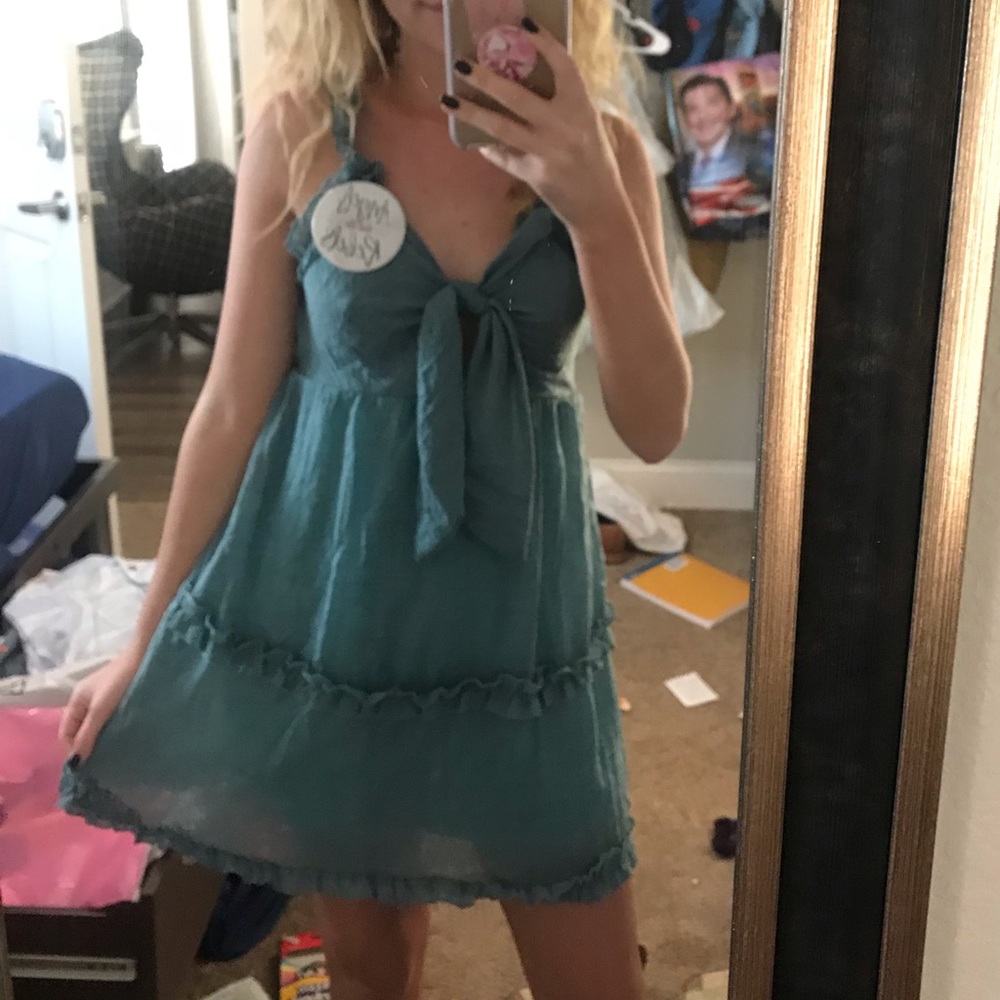 v neck tie knot front ruffle strap mini dress